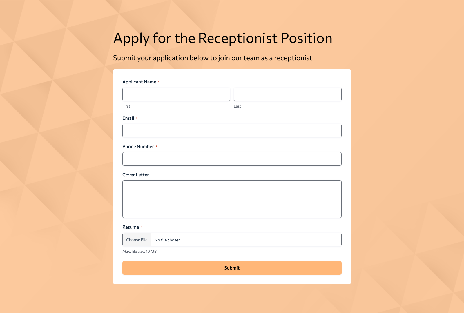 Receptionist Job Application Form Template with customizable fields and submit button.