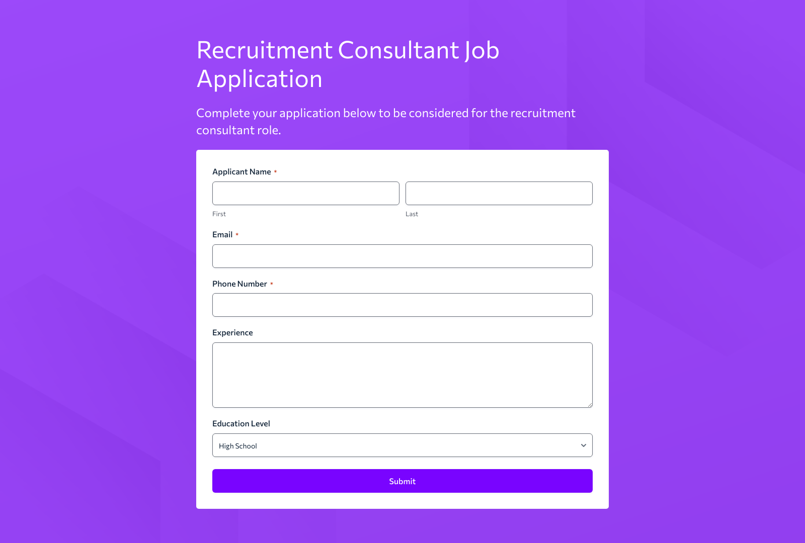 Recruitment Consultant Job Application Form Template with fields, buttons, and structured layout.
