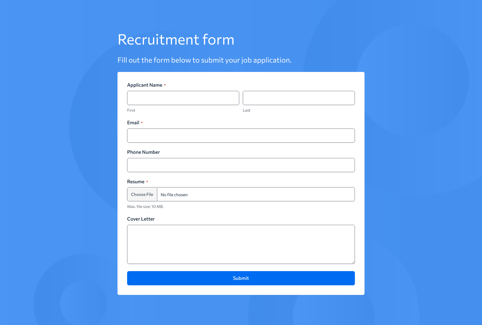 Recruitment Form Template with fields for applicant info and submit button.