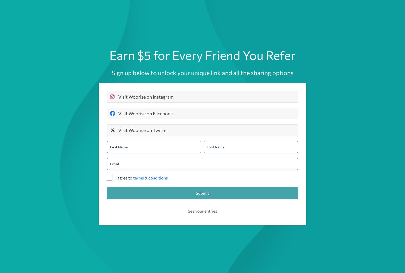 Refer a Friend Template showing fields for name, email, and share buttons for viral giveaways.