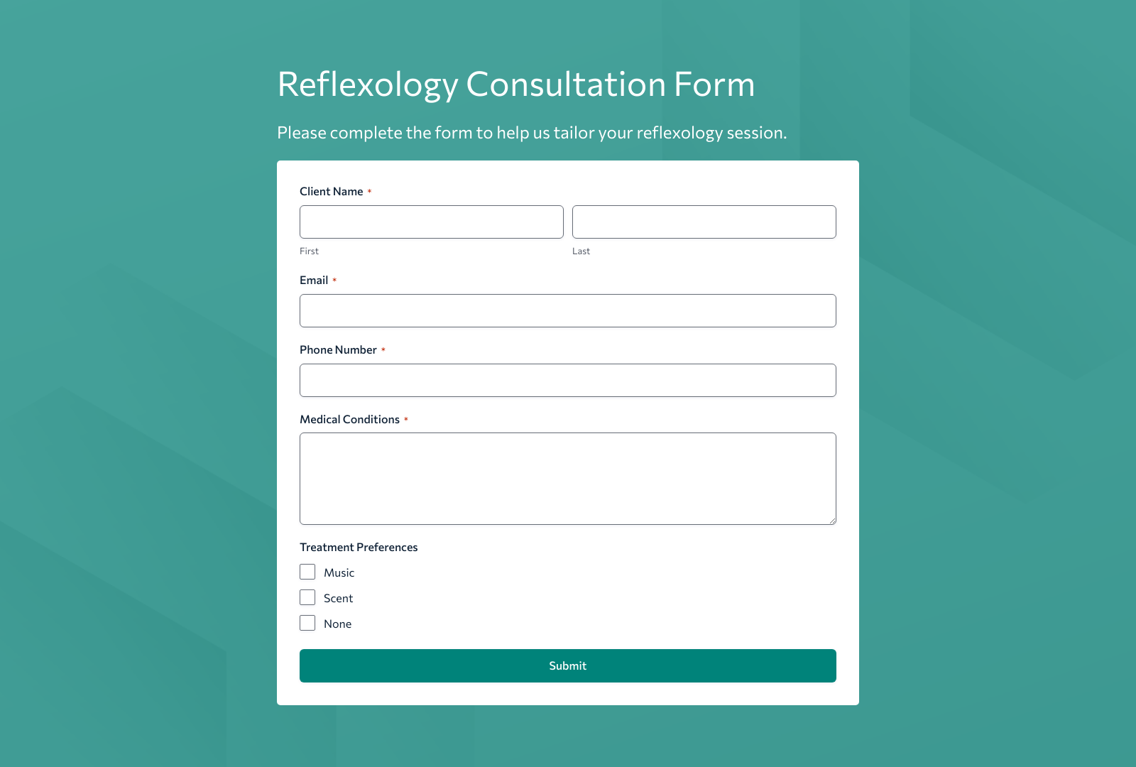Reflexology Consultation Form Template with fields for client info and medical concerns.