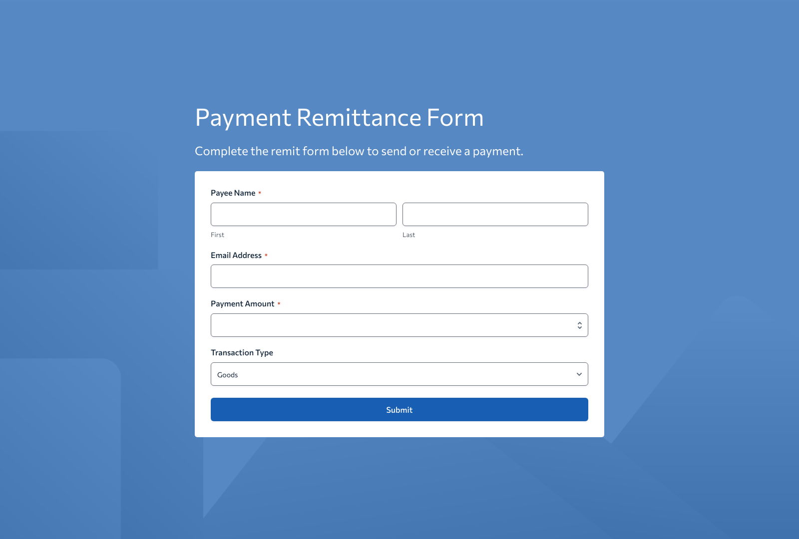 Screenshot of the Remit Form Template with fields for amount, recipient details, and a submit button for transactions.