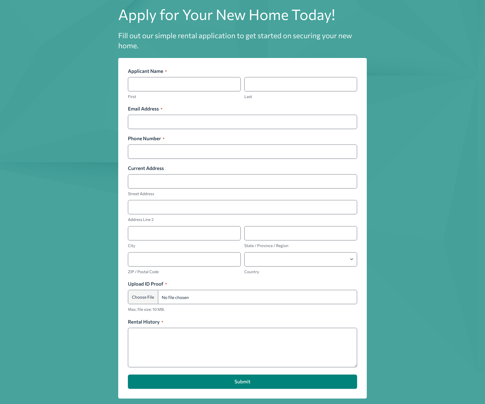 Rental Application Form Template with fields for tenant details and integration options.