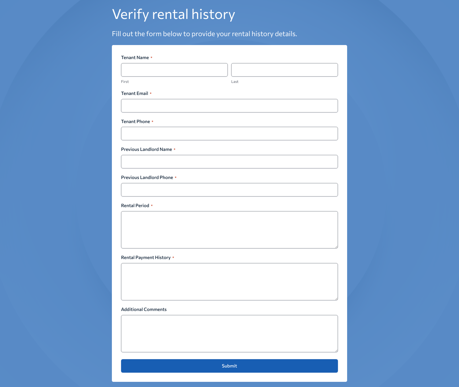Rental History Verification Form Template with fields for tenant details and landlord information.