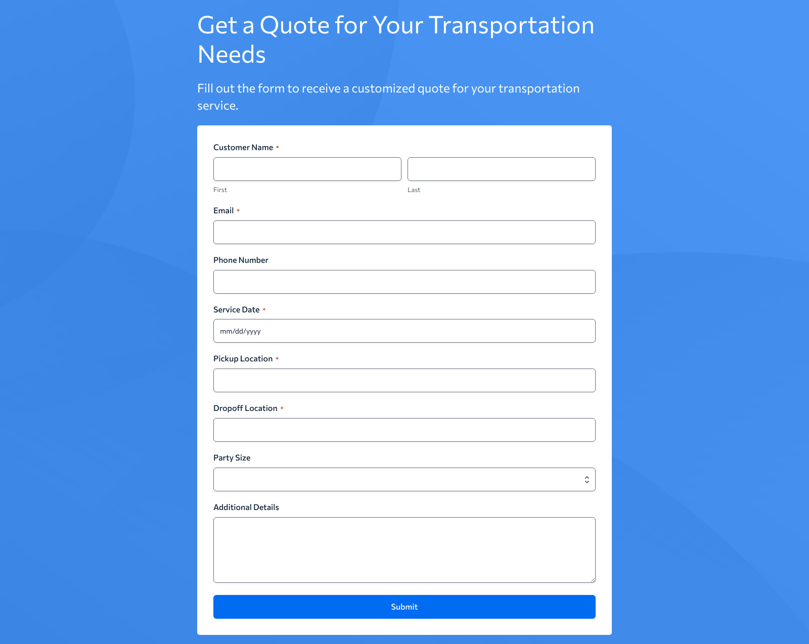 Screenshot of Request For Quote Form Template with fields for customer details and buttons for submission.