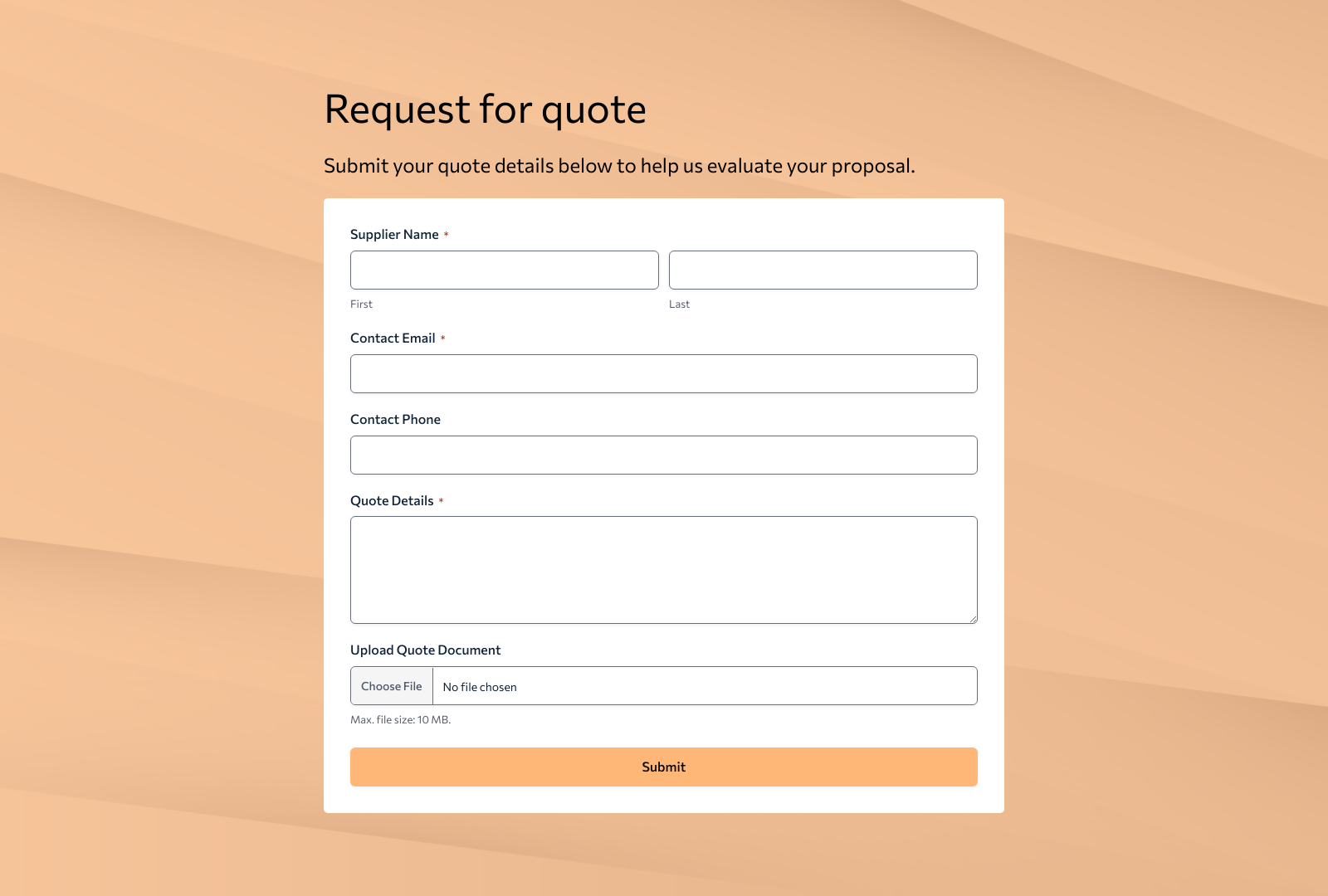 RFQ Form Template with fields for vendor details and quote submission.
