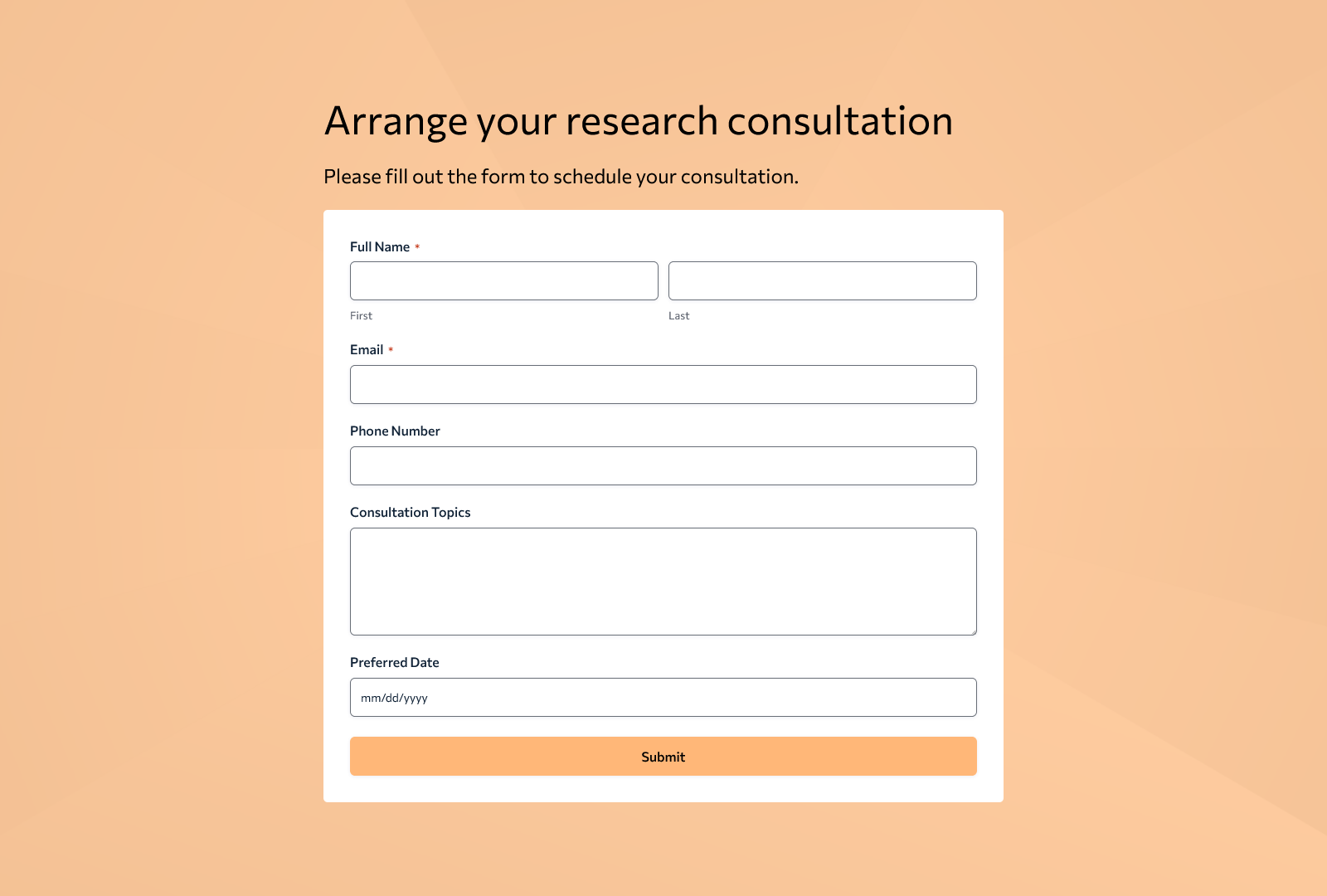 Research Consultation Form Template with fields for client information, including name and contact details.