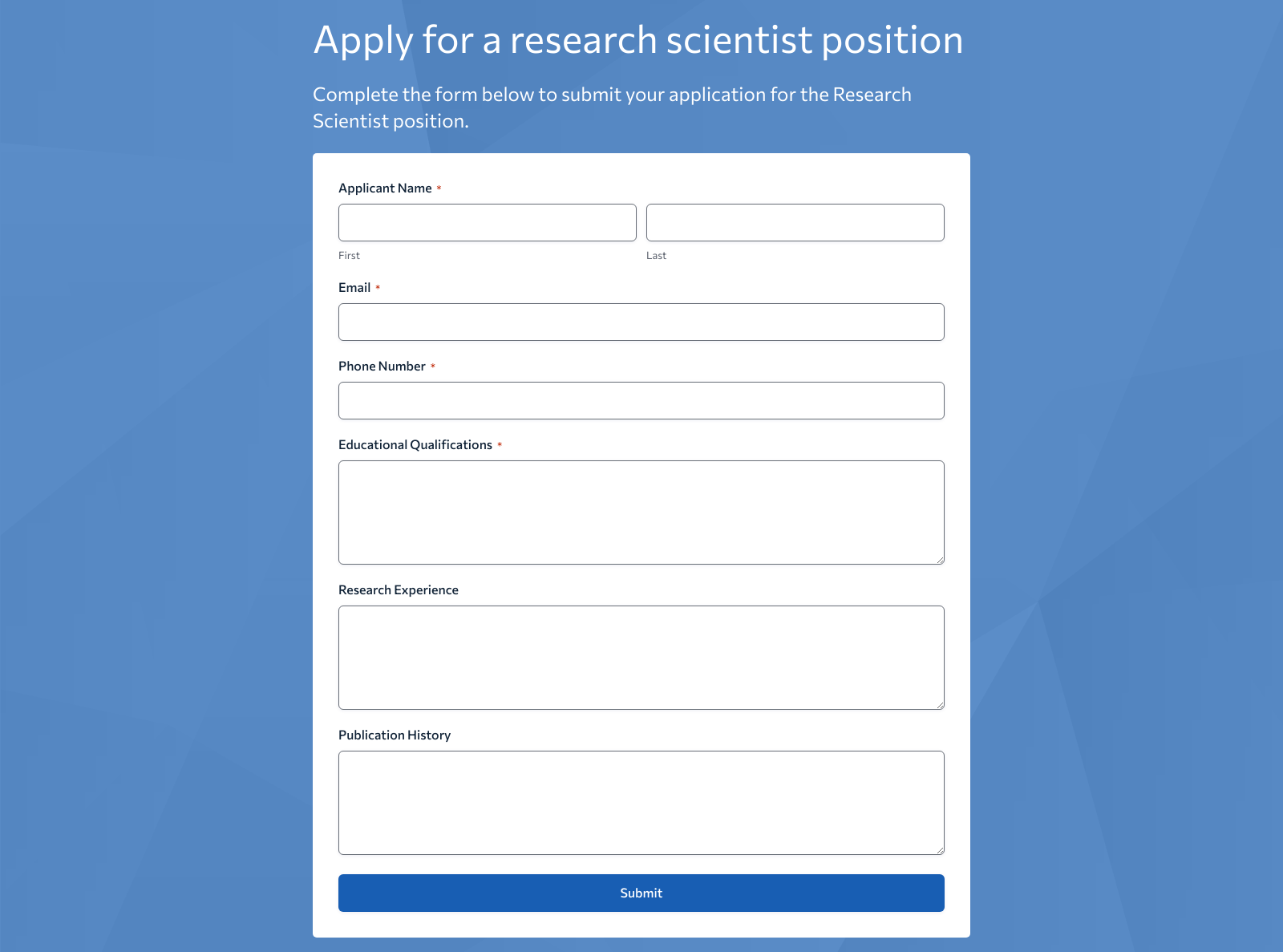 Research Scientist Job Application Form Template with fields for candidate information and submission button.