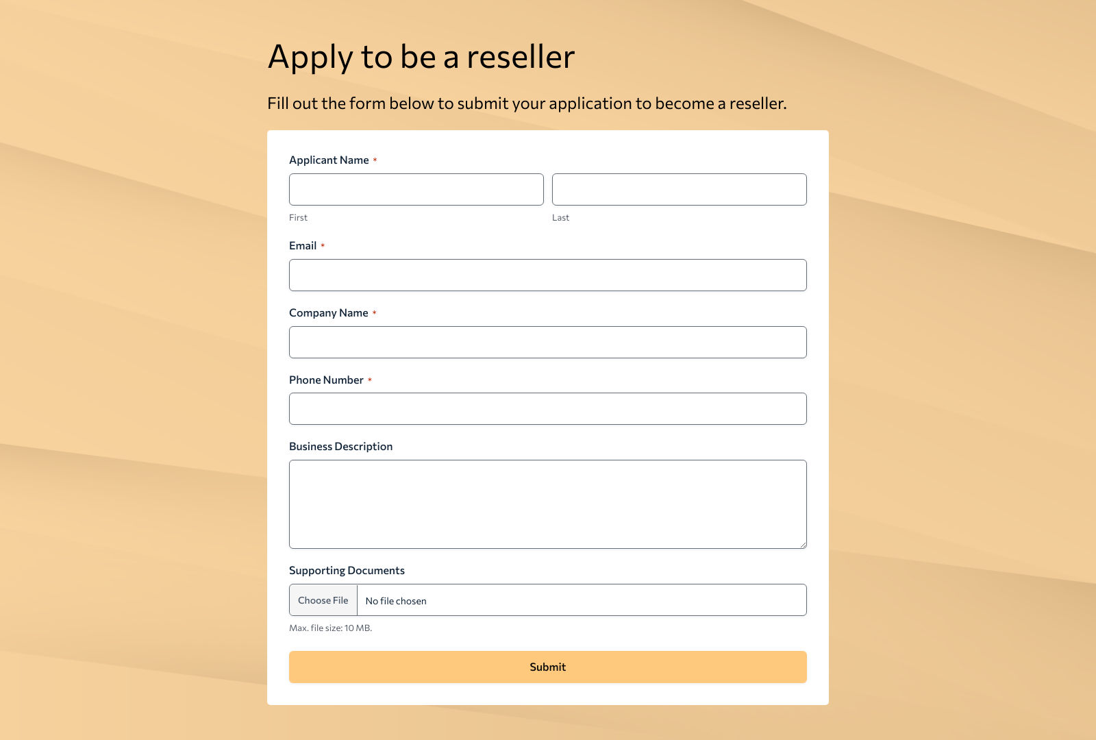 Screenshot of a Reseller Application Form Template with fields for applicant details and submission button.