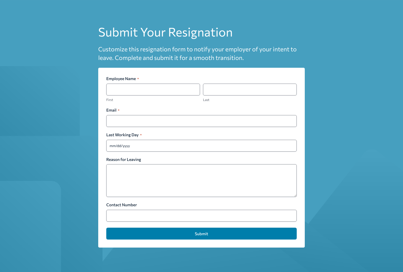 Screenshot of Resignation Form Template with fields for employee name, resignation date, and reason for leaving.