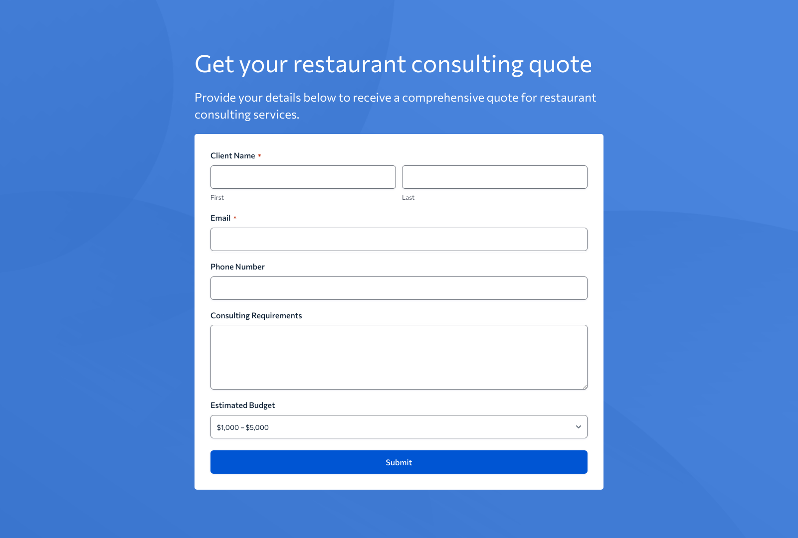 Restaurant Consultant Quote Form Template with fields for client info, project details, and submit button.