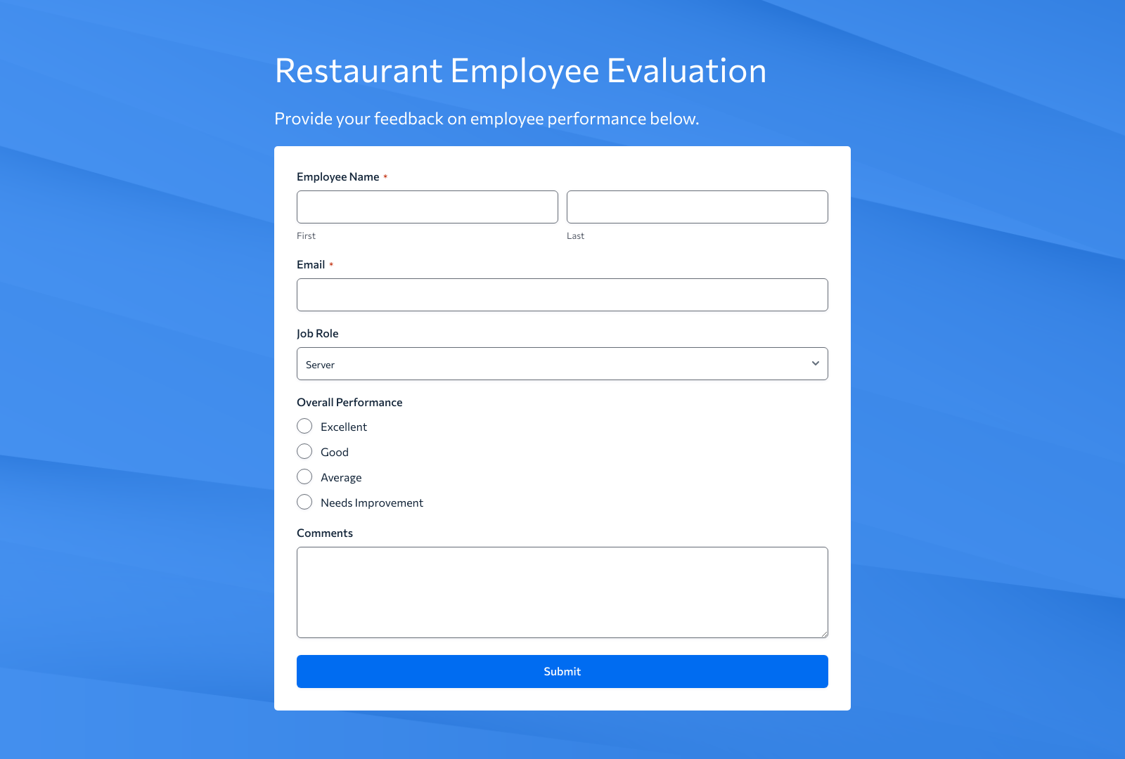 Restaurant Employee Evaluation Form Template with fields for feedback and performance metrics.