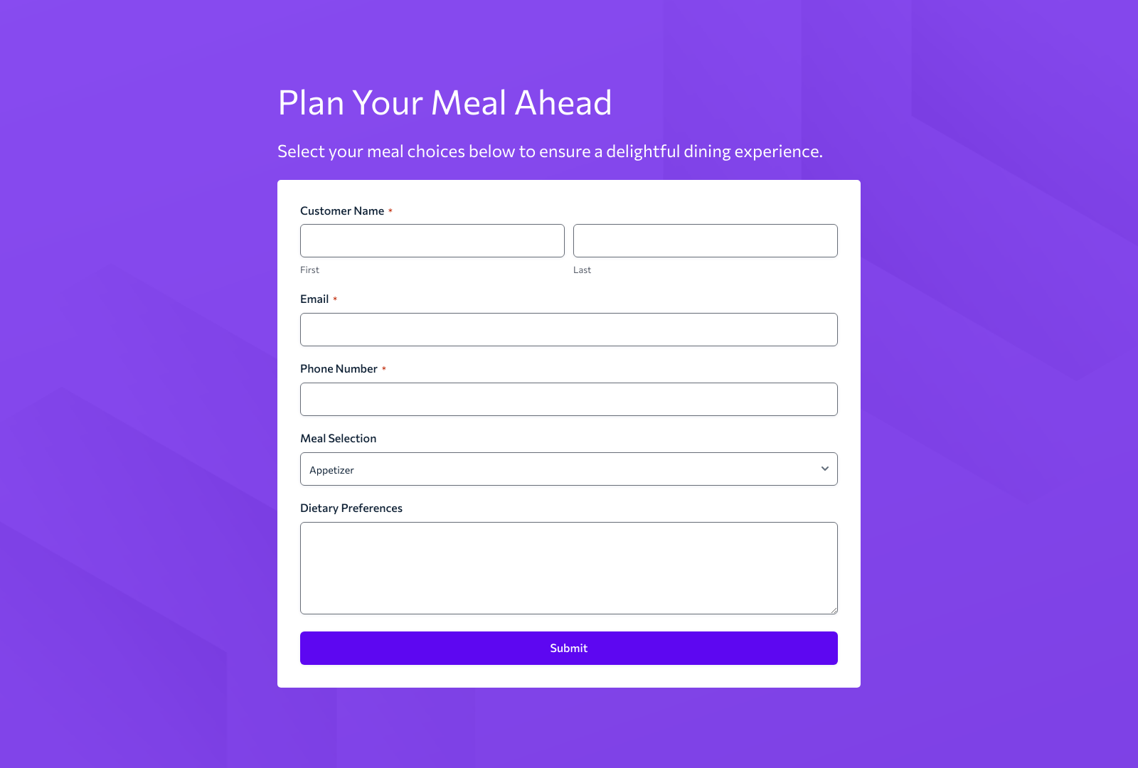 Restaurant Pre-Order Form Template with fields and submit button.