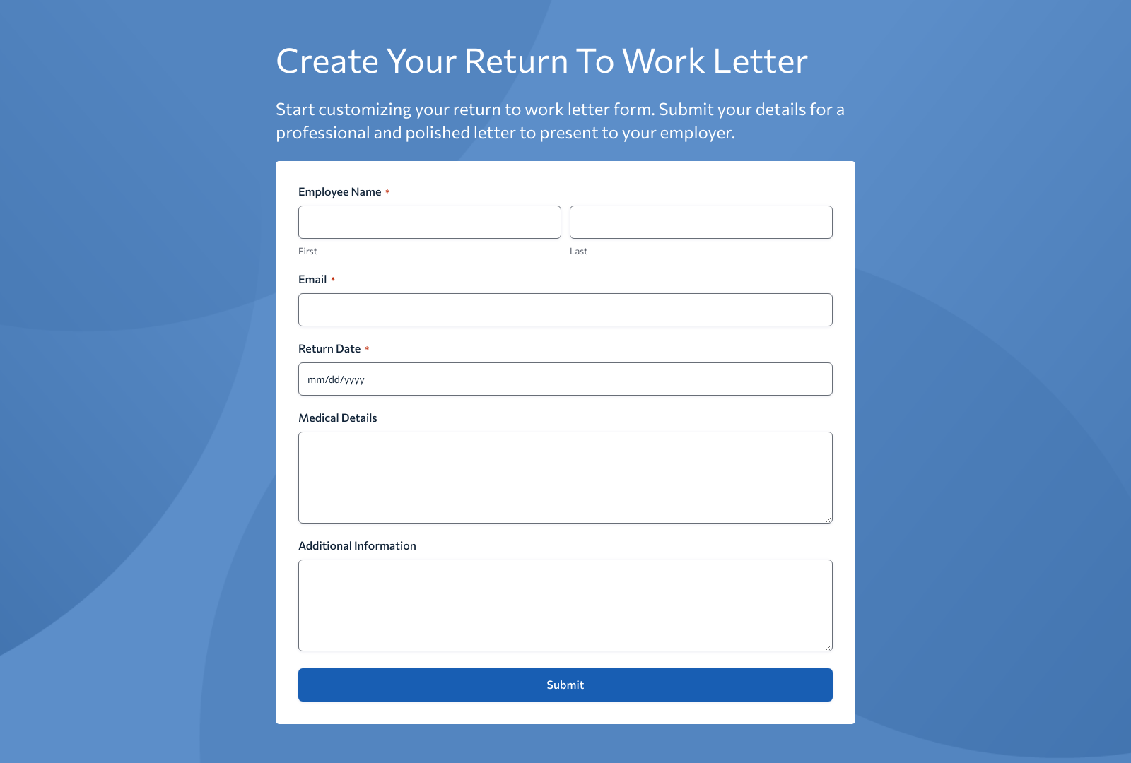 Screenshot of Return To Work Letter Form Template with customizable fields and submit button.