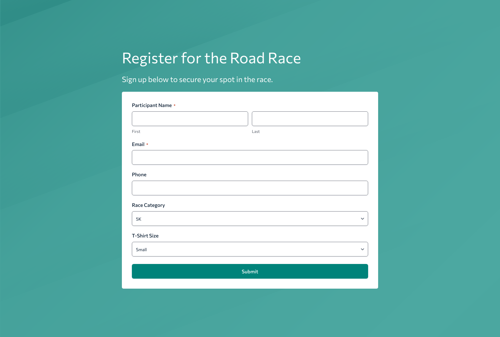 Road Race Registration Form Template with fields for participant details, submit button, and organized layout.