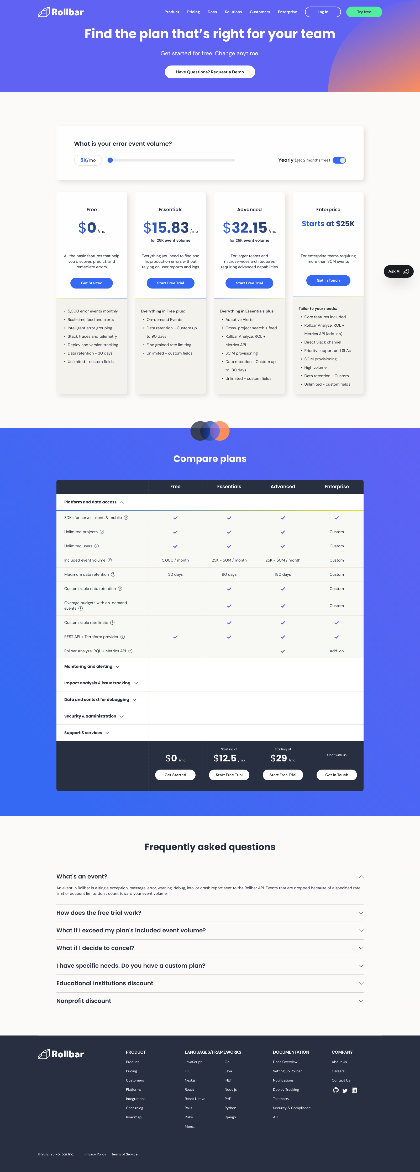 Rollbar Pricing Landing Page Example