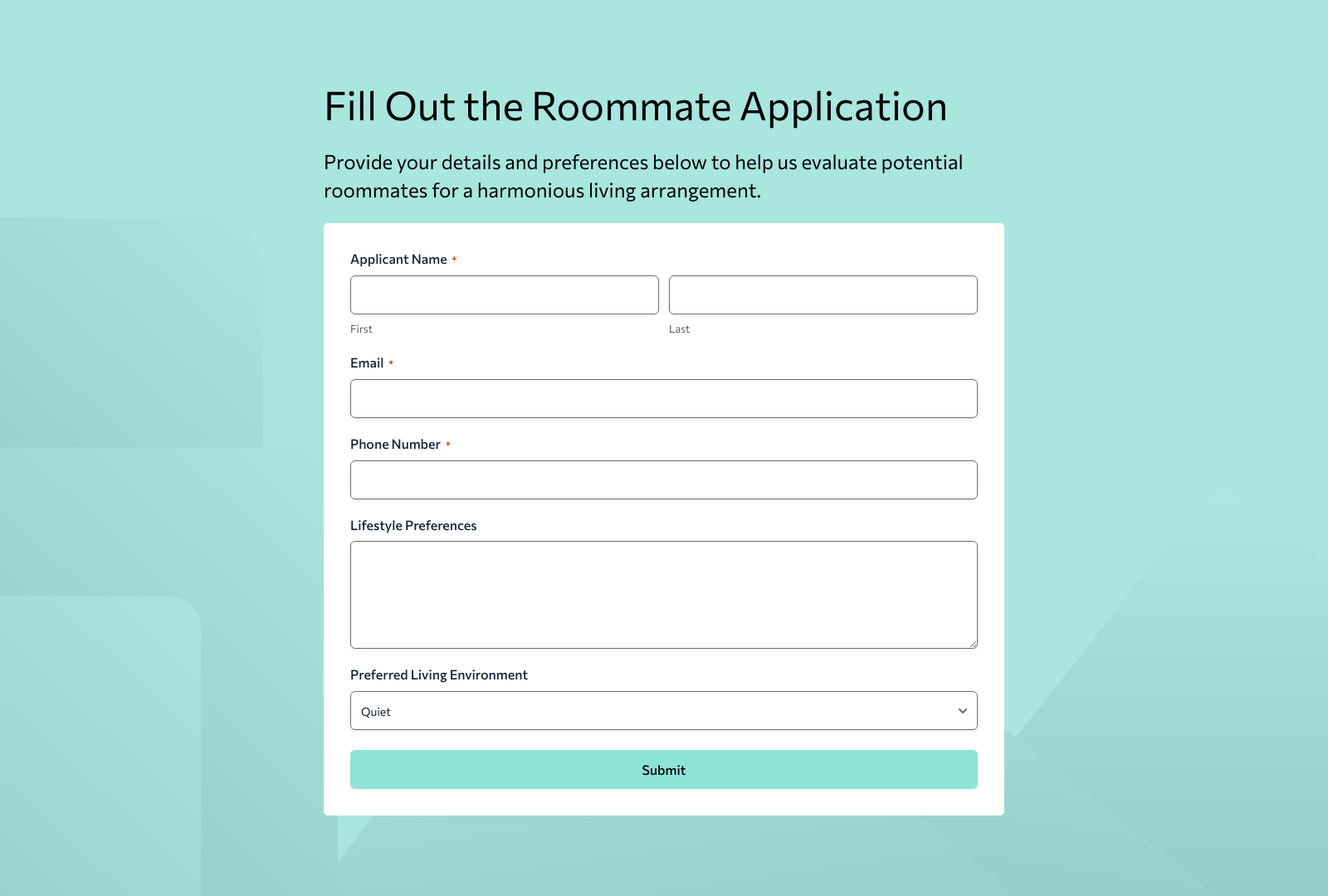 Roommate Application Form Template with fields for personal info and roommate preferences.