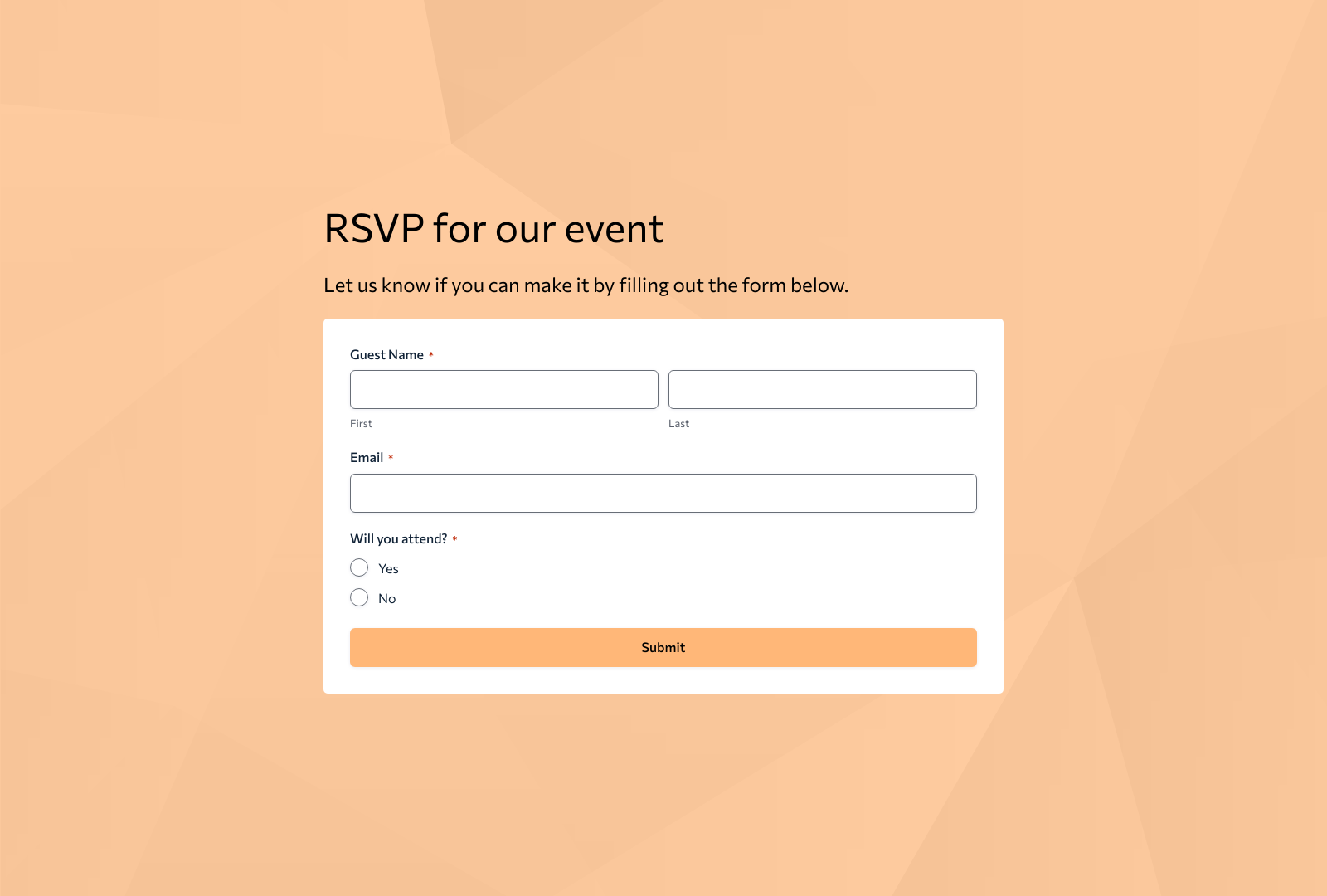 RSVP Form Template with fields for name, email, and attendance; submit button visible.