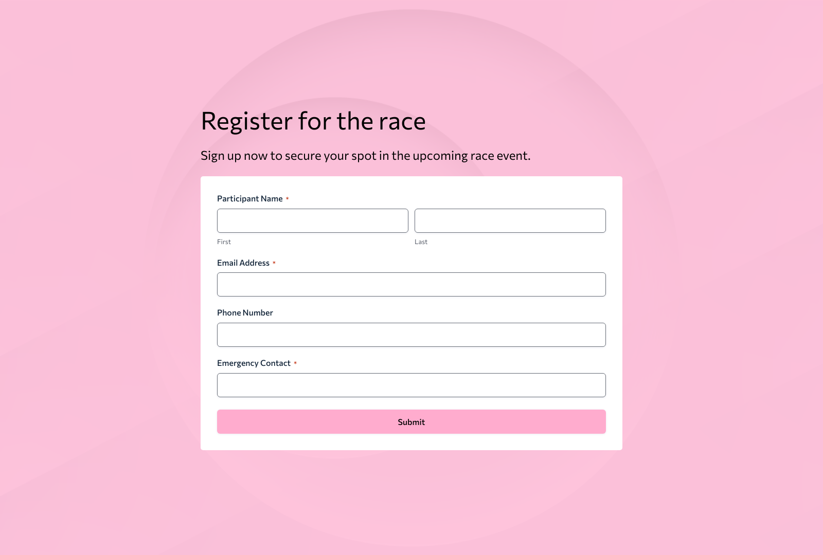 Running Registration Form Template with input fields and submit button for event registration.