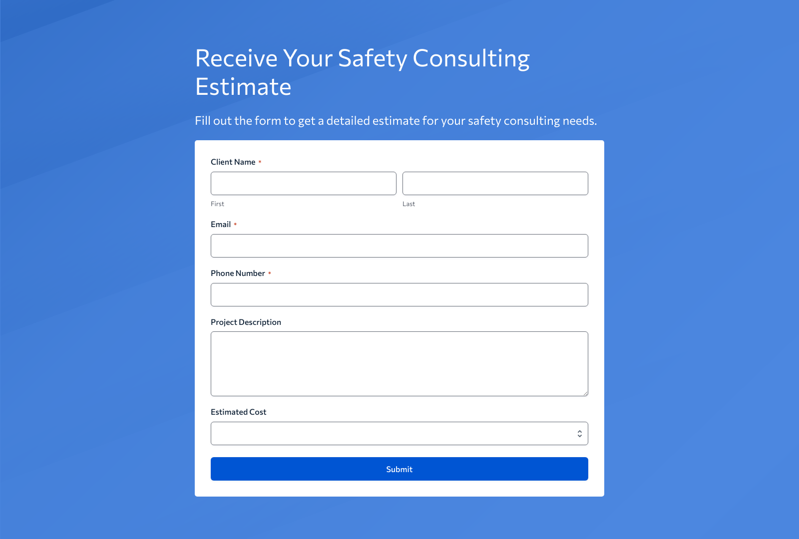 Form layout of Safety Consultant Estimate Form Template with fields for client details and estimated costs.