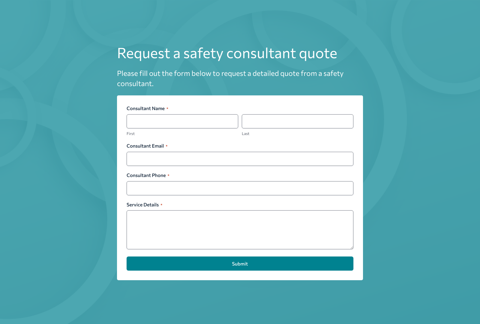 Safety Consultant Quote Form Template with customizable fields and submit button.