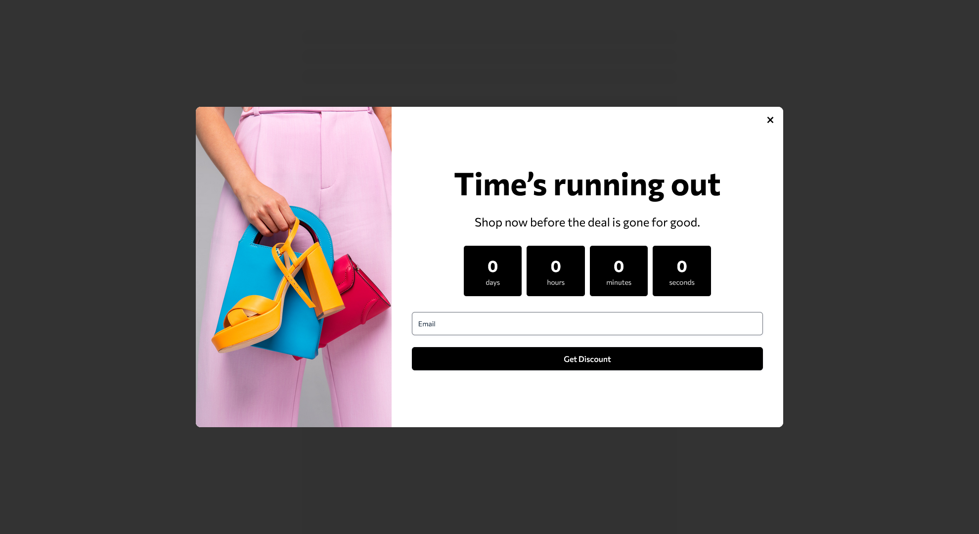 Sale Countdown Popup Template showing countdown timer, action button, and input fields.
