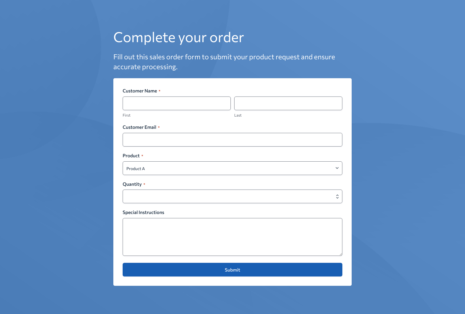 Sales Order Form Template with fields for customer details, product selection, and order summary.