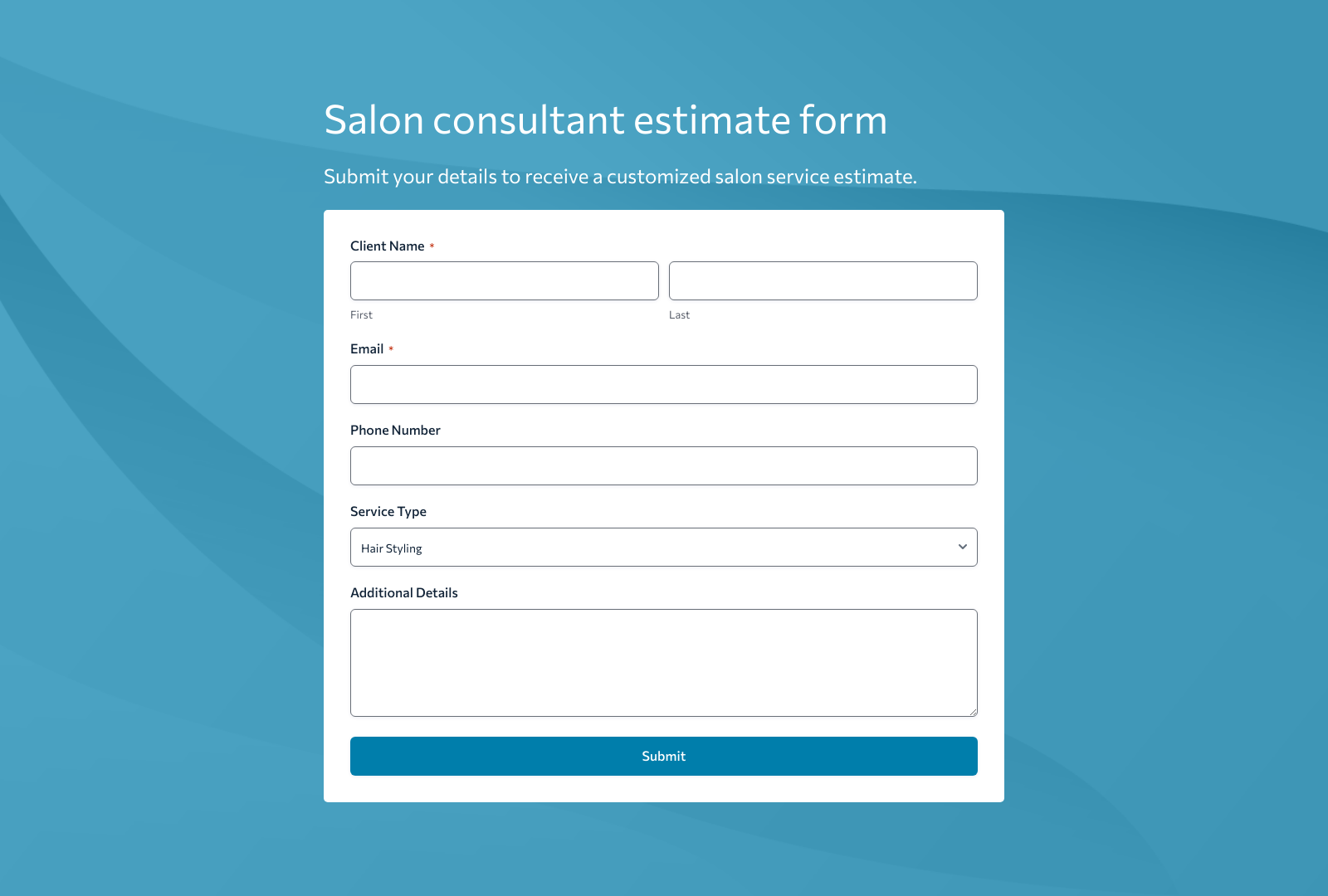 Salon Consultant Estimate Form Template with fields for client details and estimate breakdown.