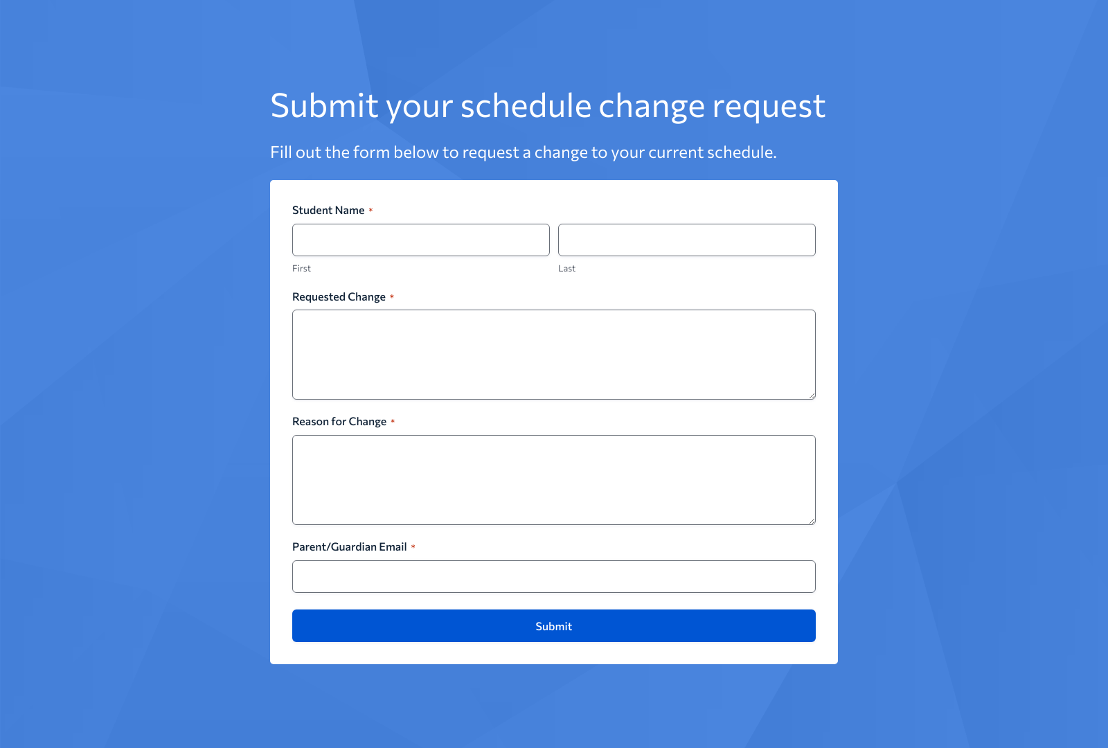 Schedule Change Request Form Template with fields for student details and schedule preferences.