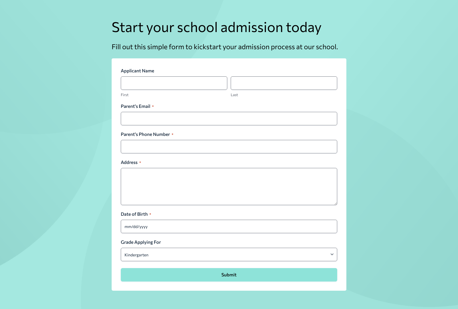 School Admission Form Template with fields for student details and submit button.