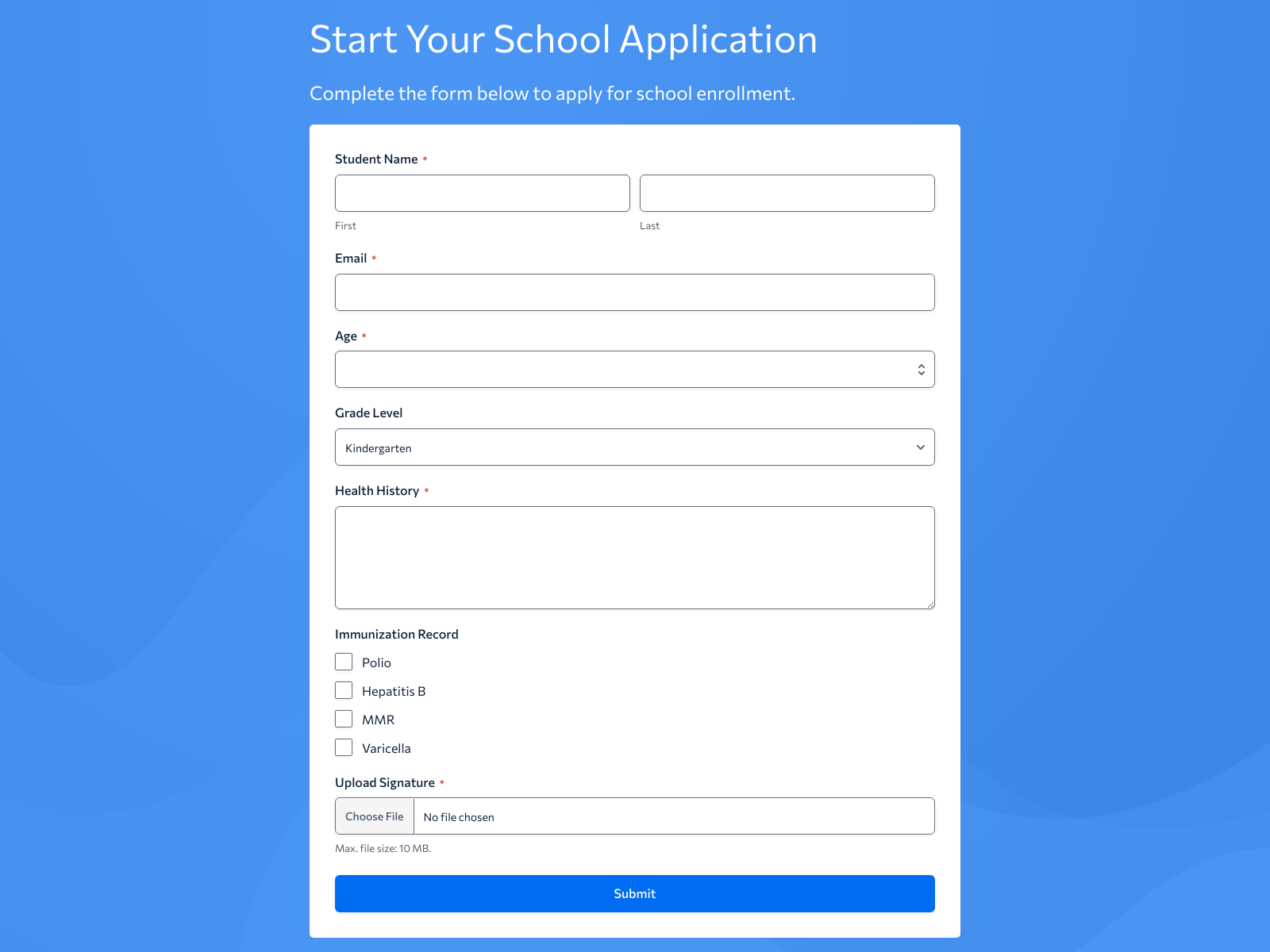 Screenshot of School Application Form Template with fields for student details and submit button.