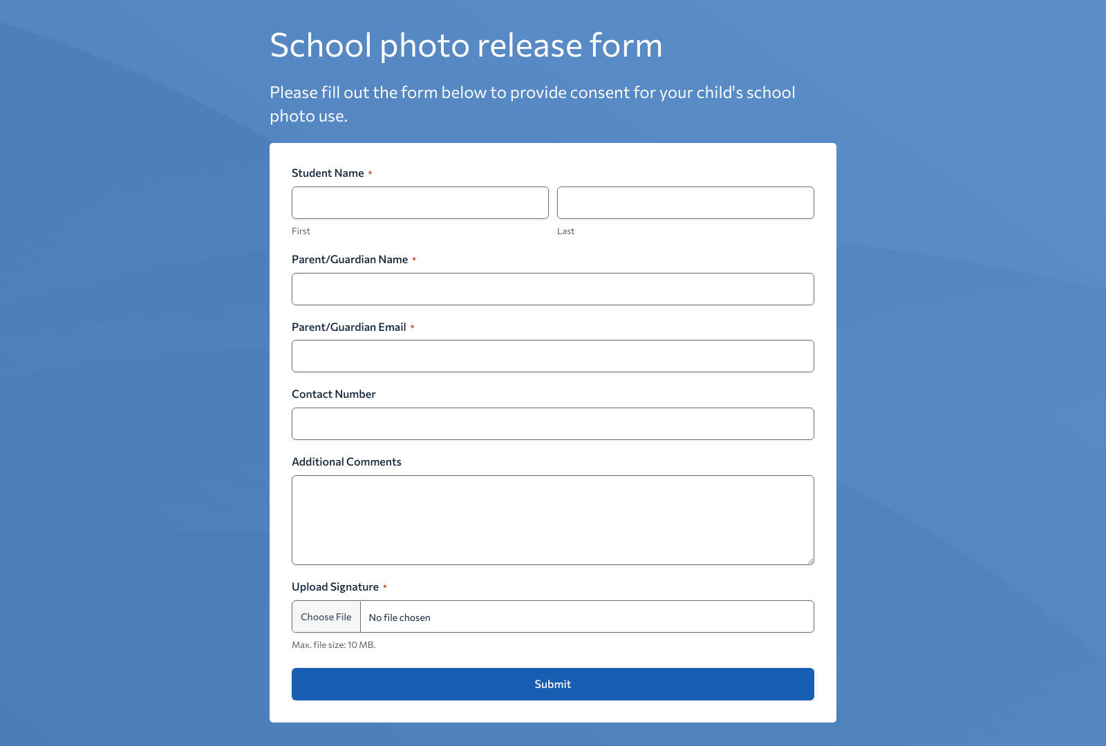 School Photo Release Form Template with fields for parental consent and buttons for submission.