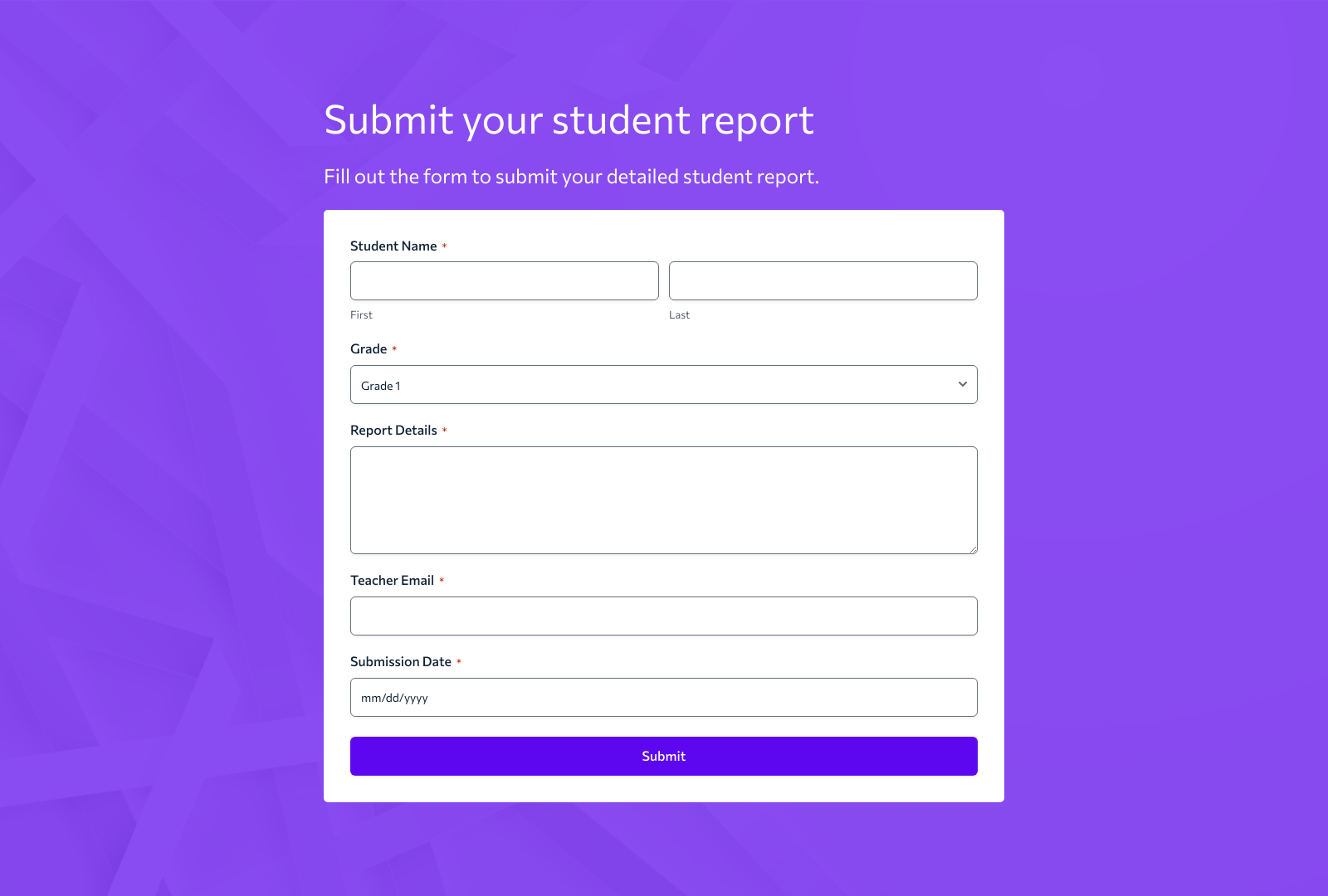 School Report Form Template showing fields for student name, grade, and comments with submit button.