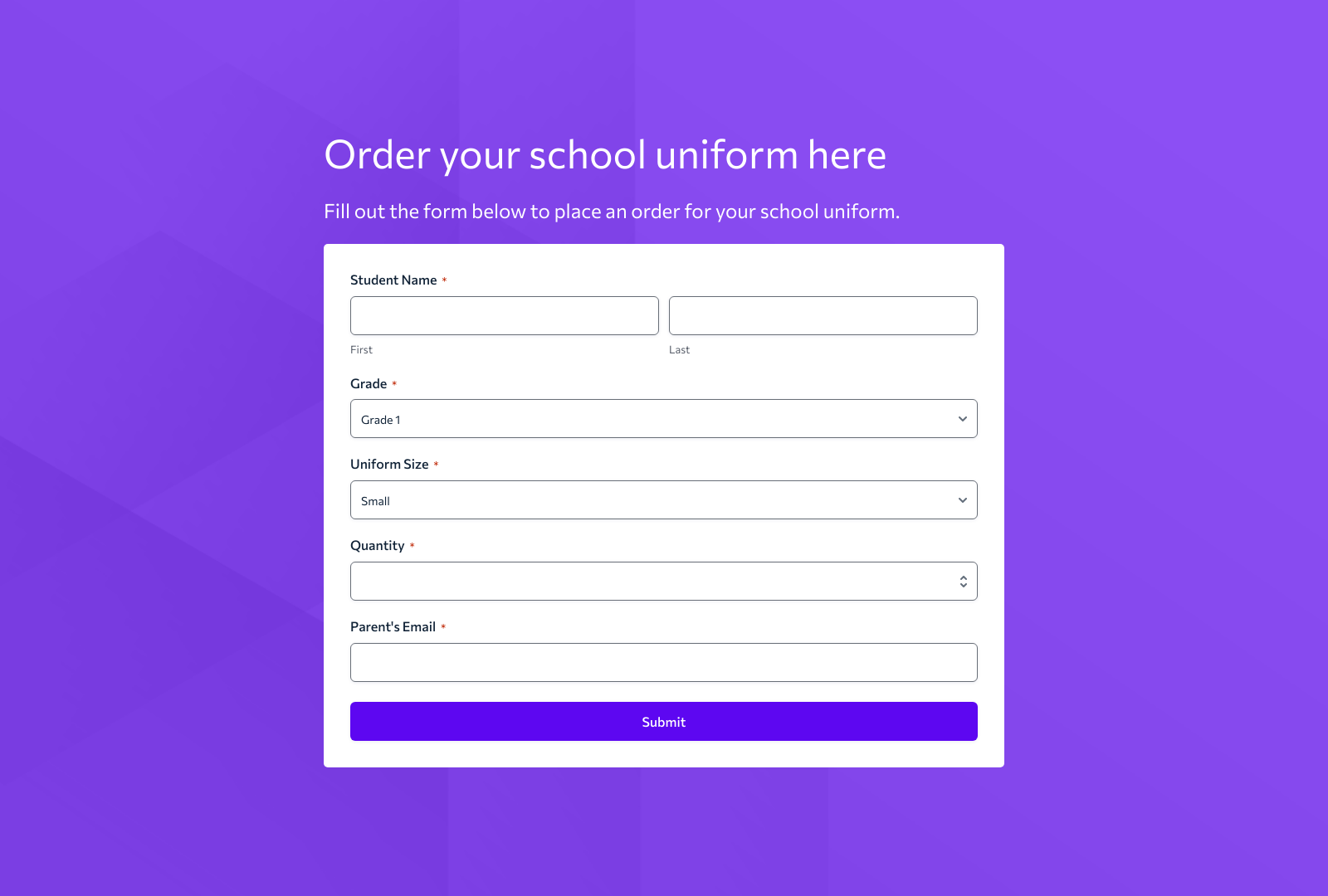 School Uniform Order Form Template showing fields for student details and uniform options.