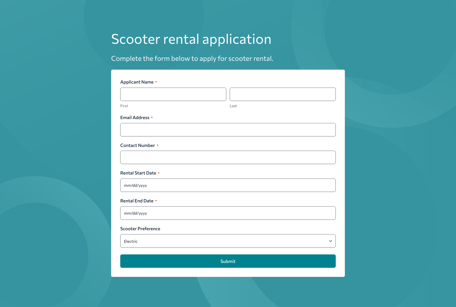 Scooter Rental Application Form Template with fields for personal info and rental details, buttons for submission.