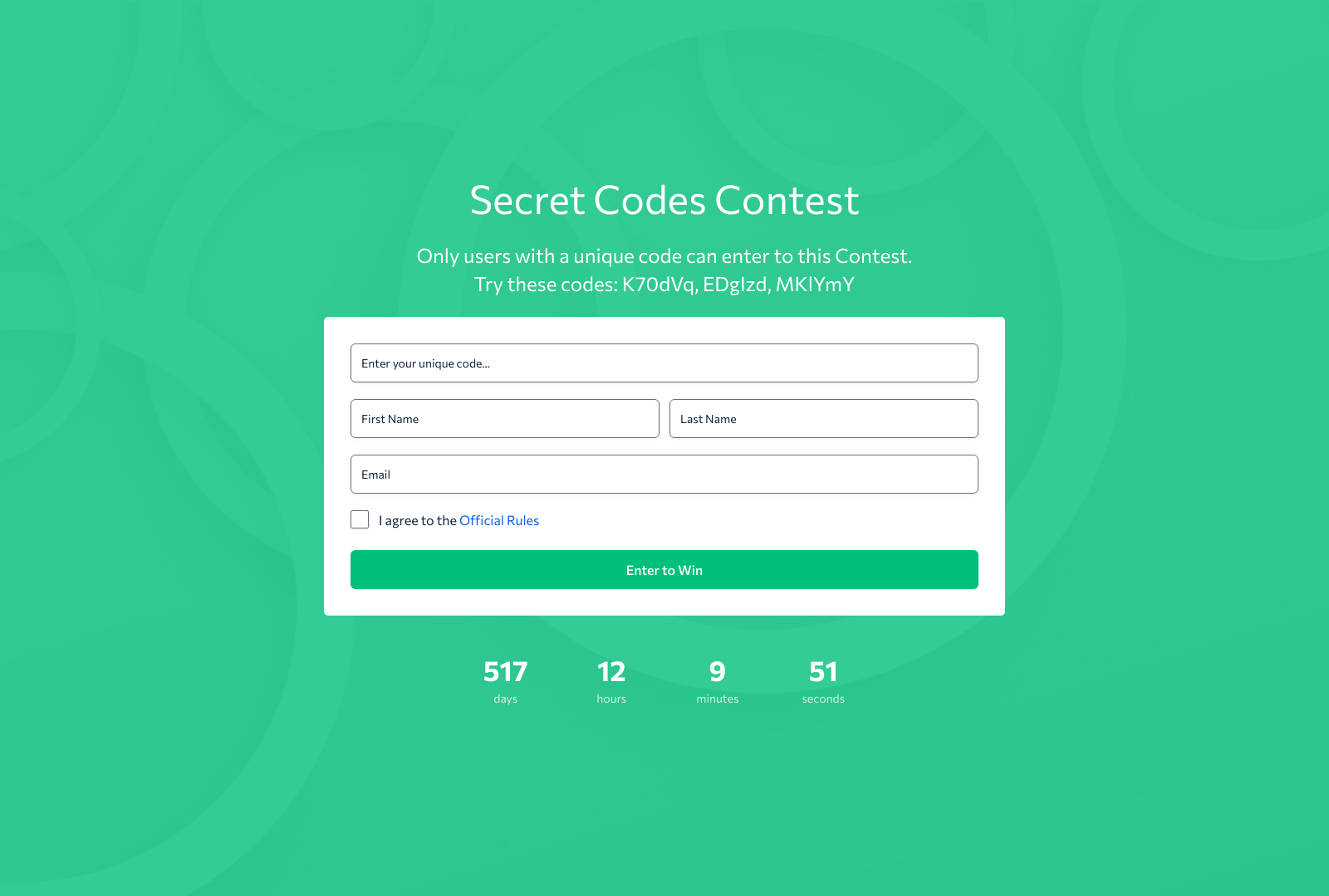 Woorise Secret Codes Contest Template with form fields, submit button, and code validation options.