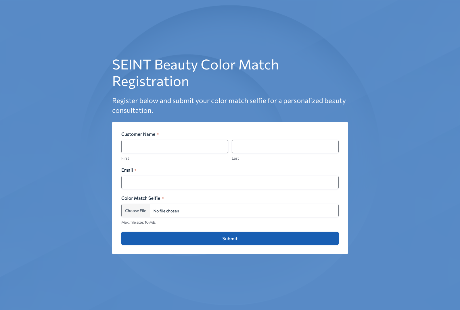 SEINT Beauty Color Match Form Template with fields for selfie upload and customer registration.