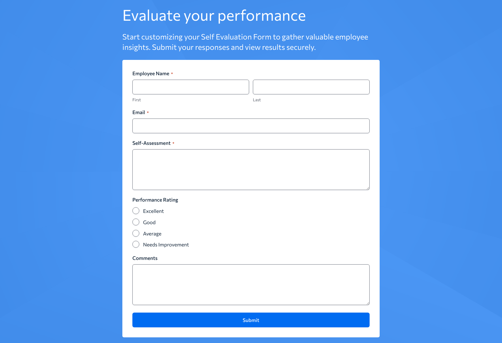 Self Evaluation Form Template with fields for employee feedback and performance insights.