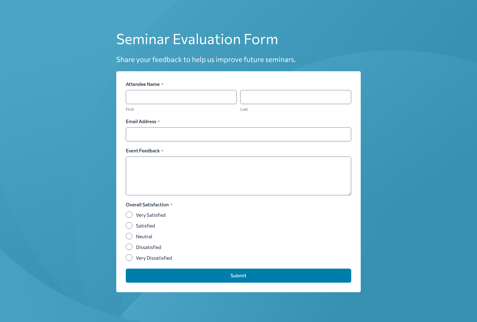 Seminar Evaluation Form Template with fields for attendee feedback and rating buttons.