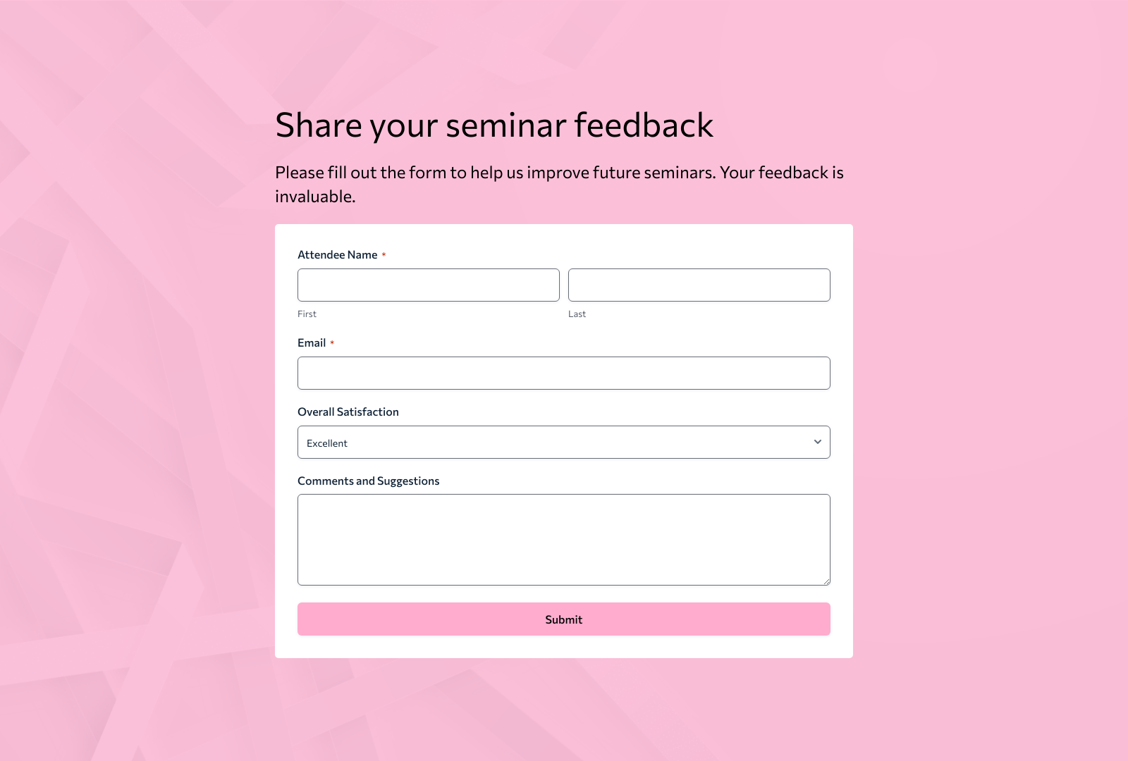 Seminar Feedback Form Template with fields for attendee feedback and submit button.