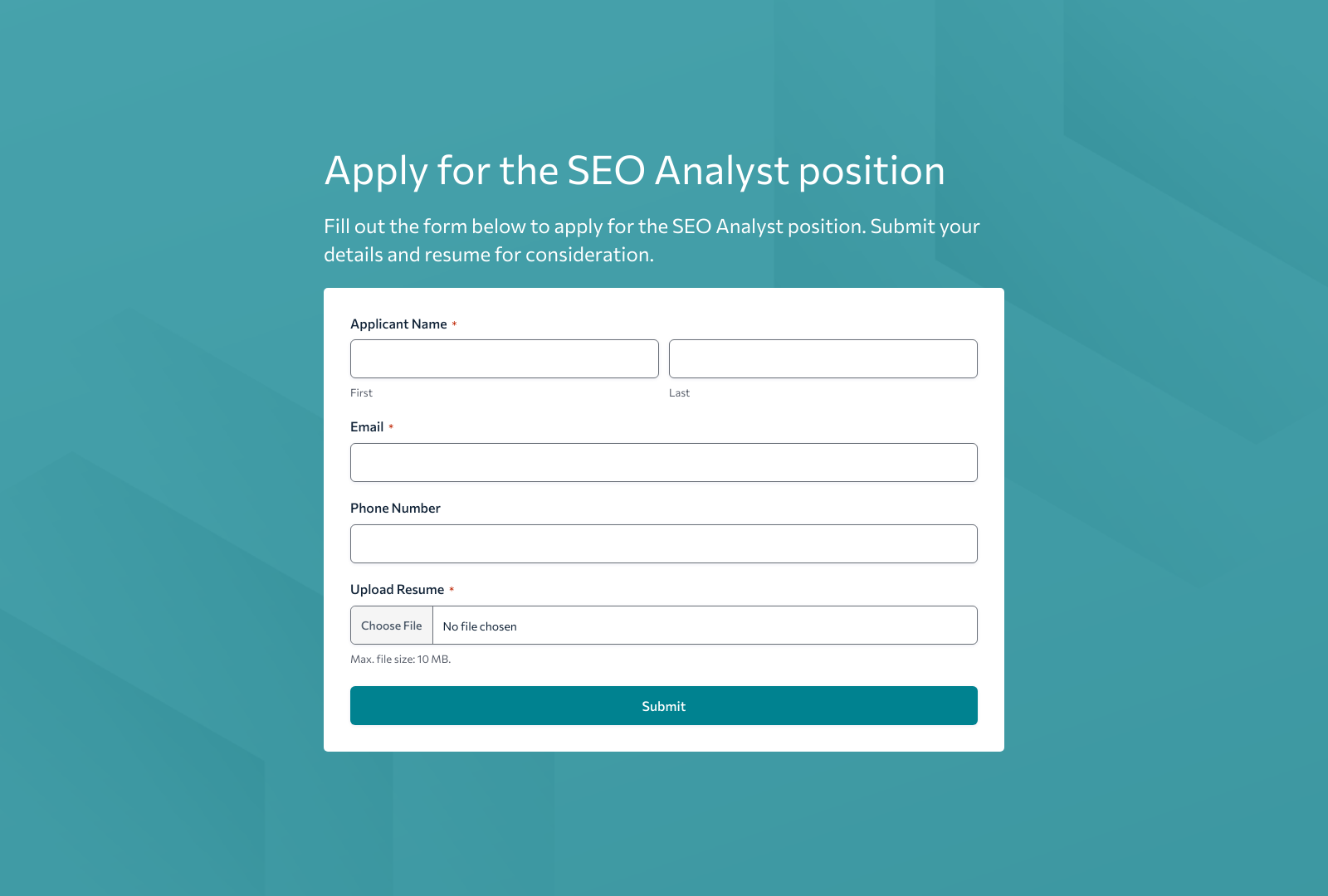 SEO Analyst Job Application Form Template with fields for name, email, resume upload, and submit button.
