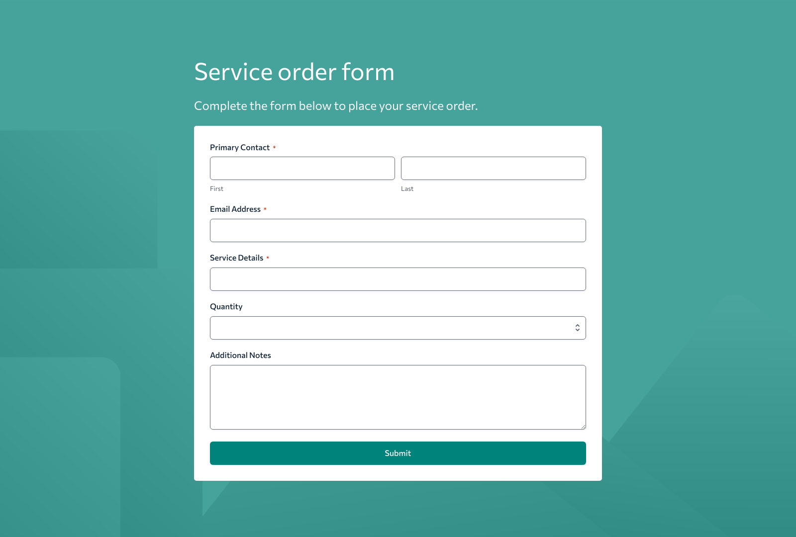 Service Order Form Template with fields for customer info and order details, buttons for submitting and resetting.
