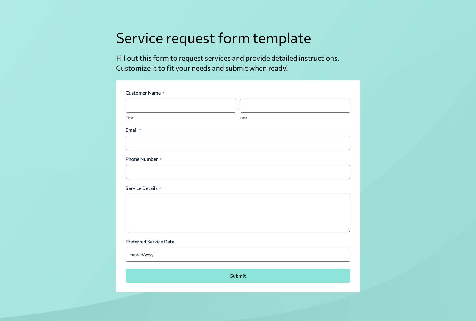 Service Request Form Template with fields for client details, service type, and instructions.