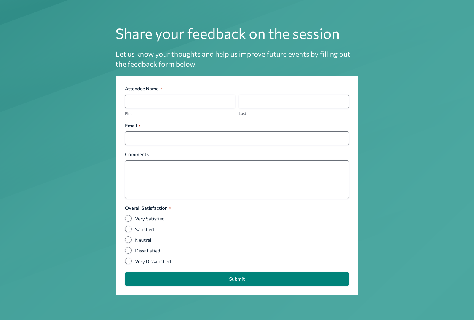 Session Feedback Form Template showing fields for customer reviews and event evaluation.