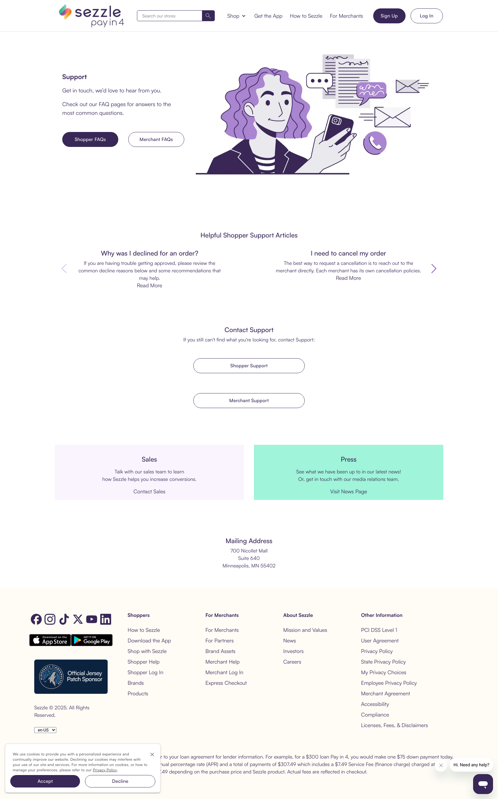 Sezzle contact Landing Page Example