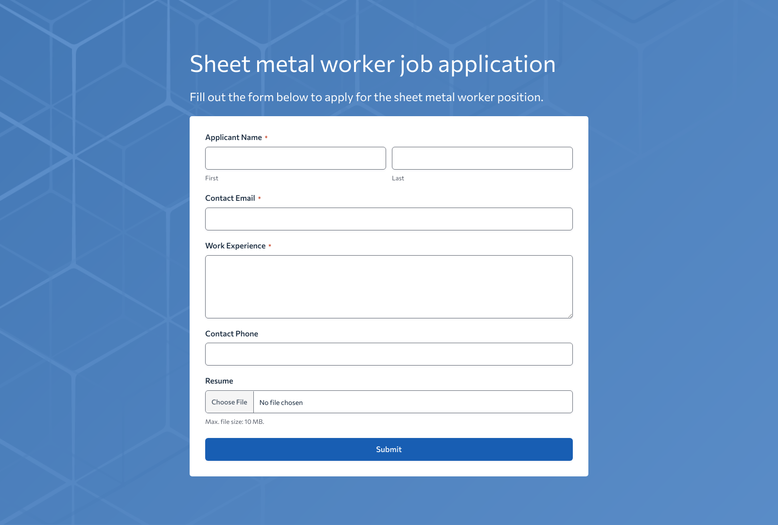 Screenshot of Sheet Metal Worker Job Application Form Template with fields for personal details, experience, and submit button.
