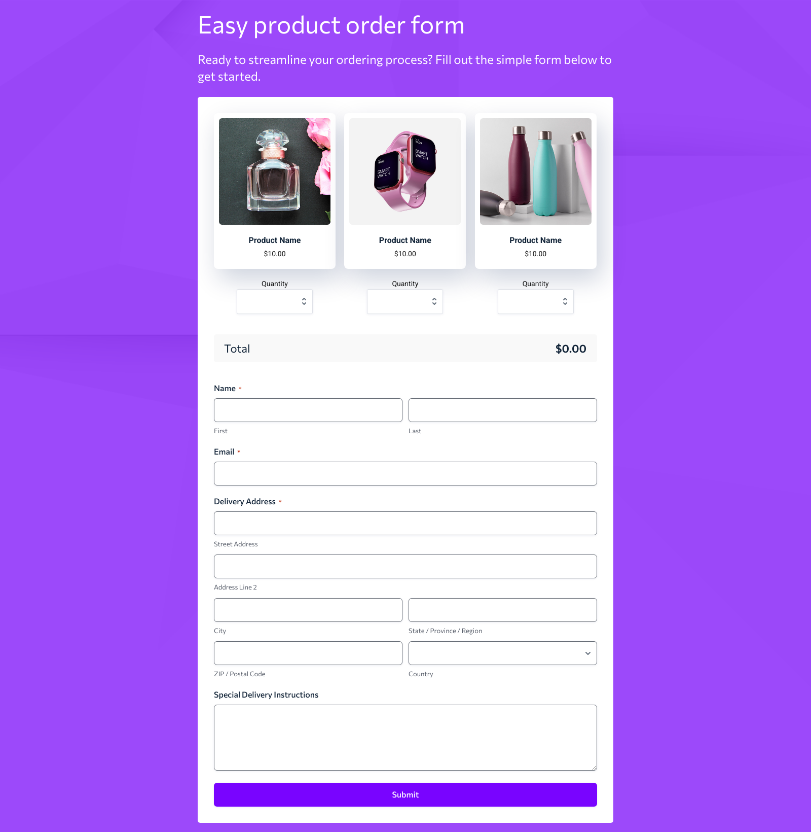 Simple Order Form Template showing fields for product ID, quantity, and submit button.
