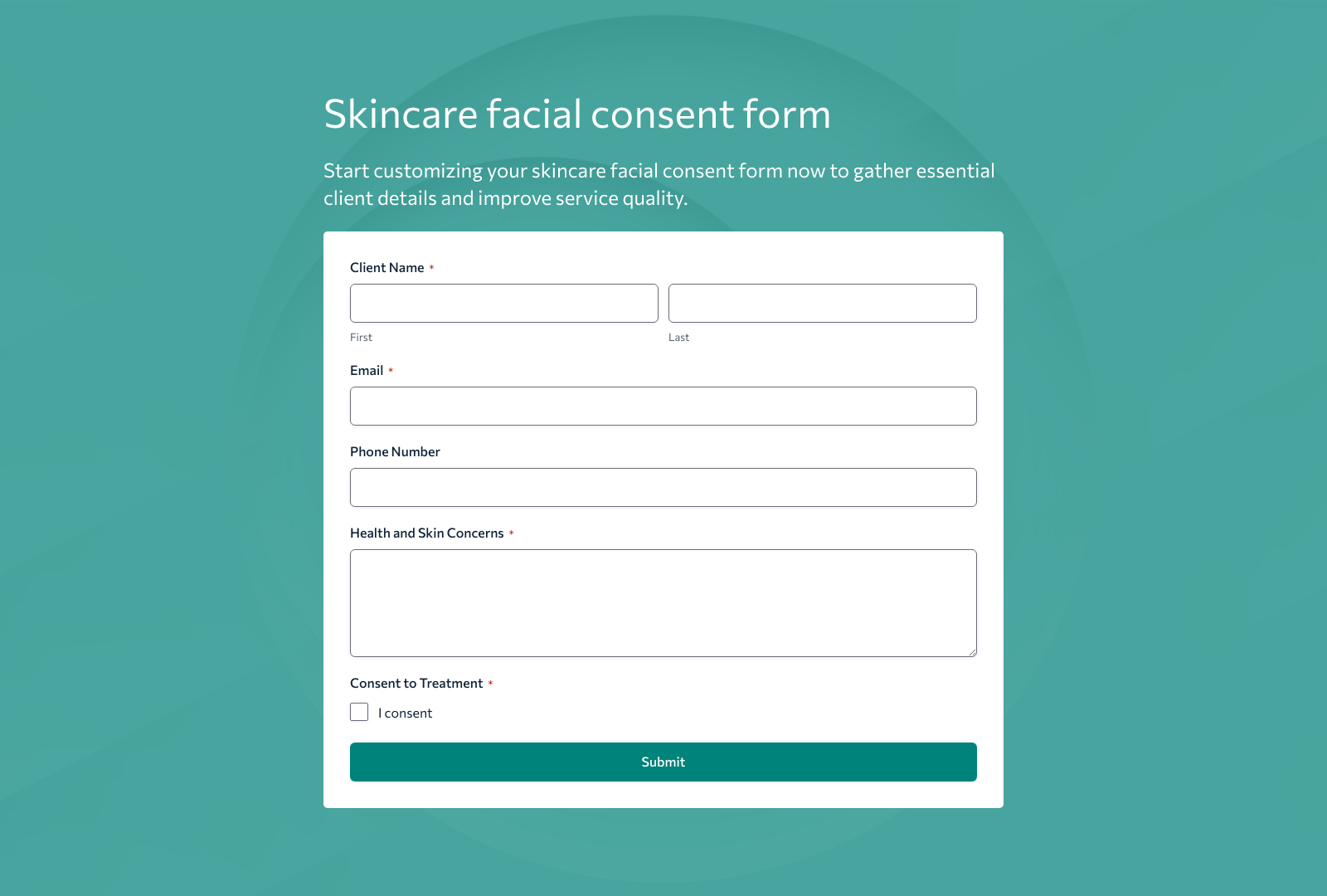 Skincare Facial Consent Form Template showing fields for client consent and essential information.
