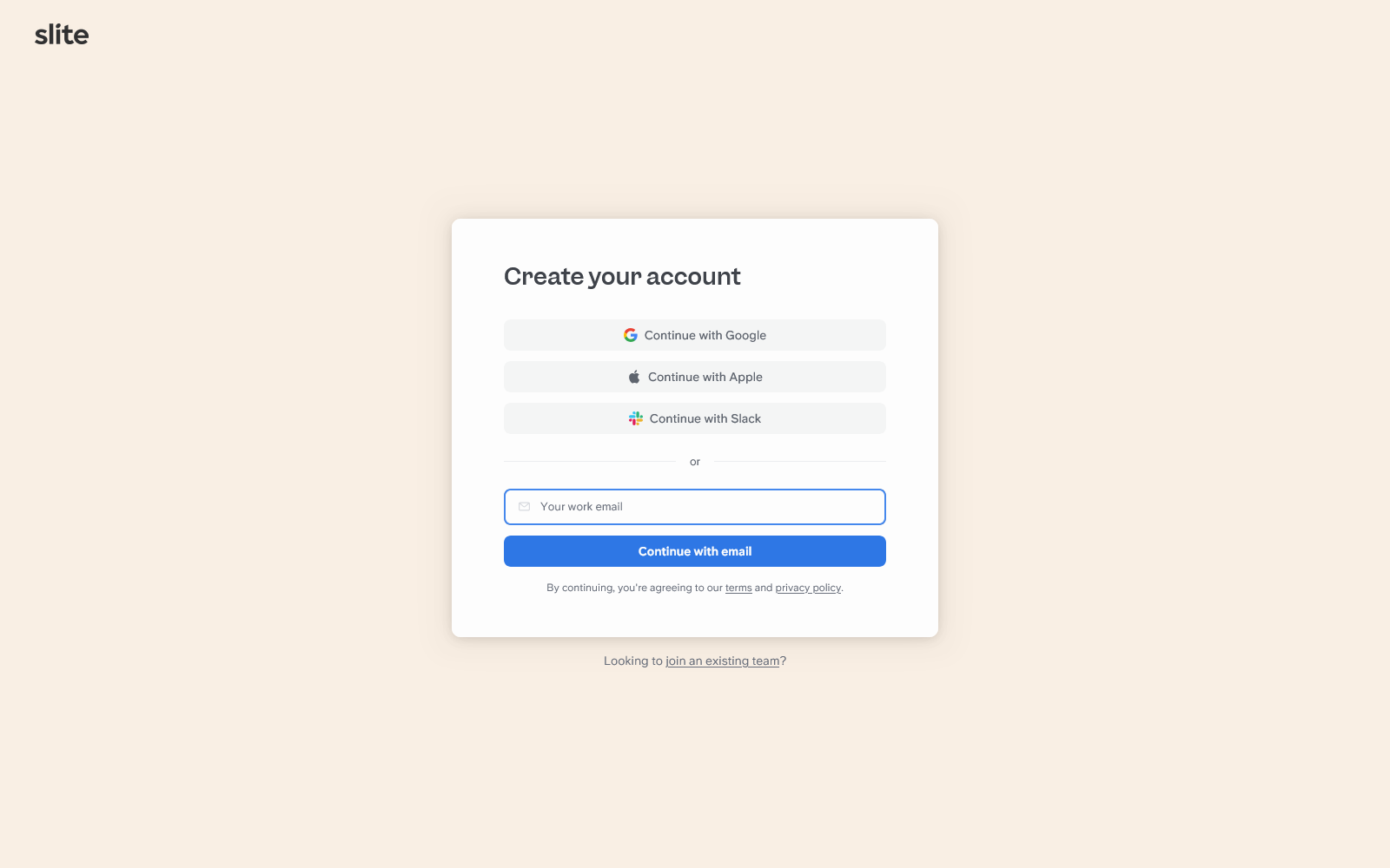 slite signup landing page example