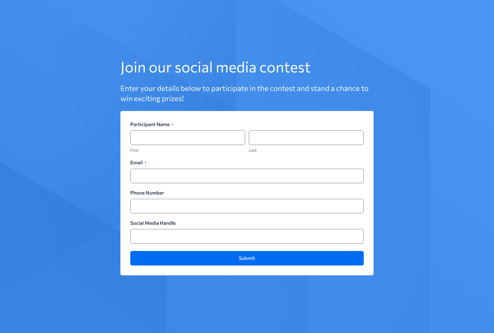 Social Media Contest Registration Form Template with fields and buttons for participant details.